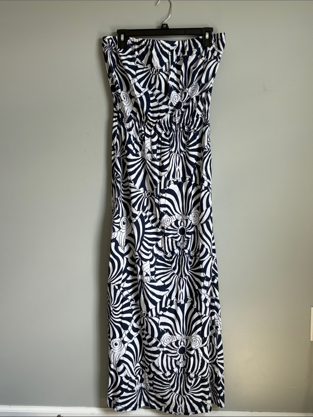 Caribbean Joe Navy and White Strapless Printed Maxi Dress